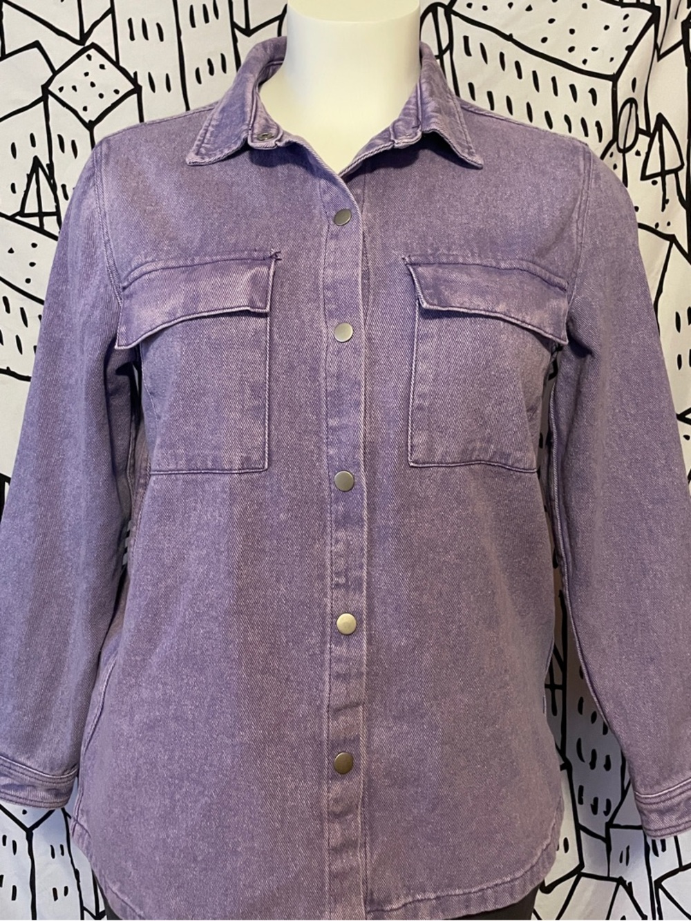 Relaxed Lavender Denim Shirt Jacket Shacket with Front Flap Pockets
